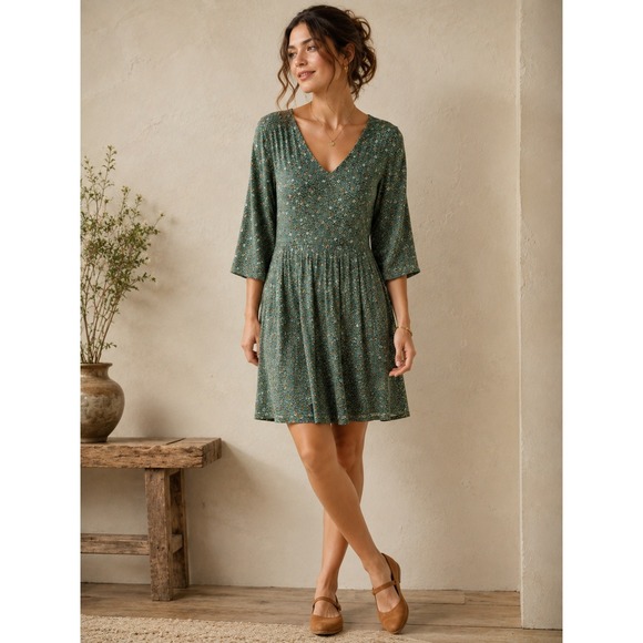 Hutch Dresses & Skirts - Hutch Anthropologie Green Floral V-Neck Puff Sleeve Mini Dress Pockets- 1X